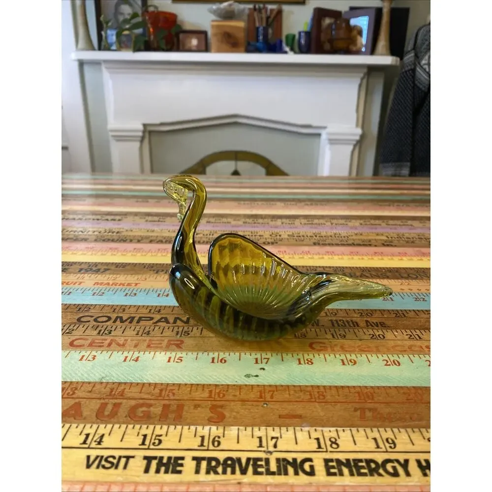 MCM 1960s Hand Blown Glass Swan Trinket Dish Avacado Green‎